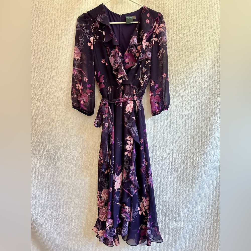 Gabby Skye Floral Faux Wrap Midi Dress Purple Pink Chiffon Lined Size 4 Boho